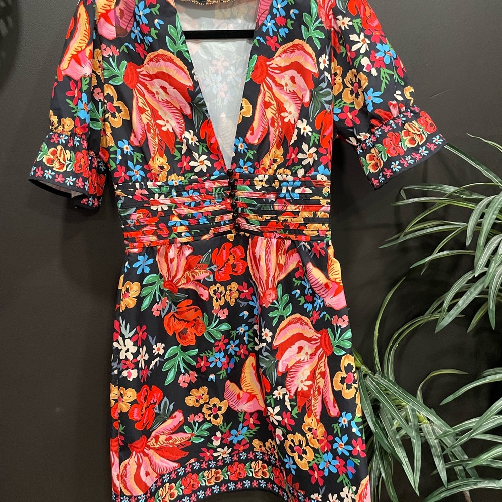 Floral V-Neck Dress - Black and Red